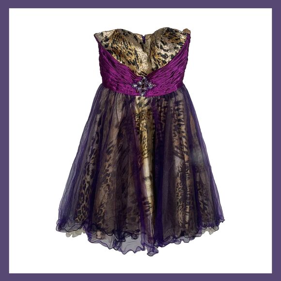 Night Scene Strapless Purple Leopard Print Party Dress M Tulle Beaded Fairy - Picture 1 of 10